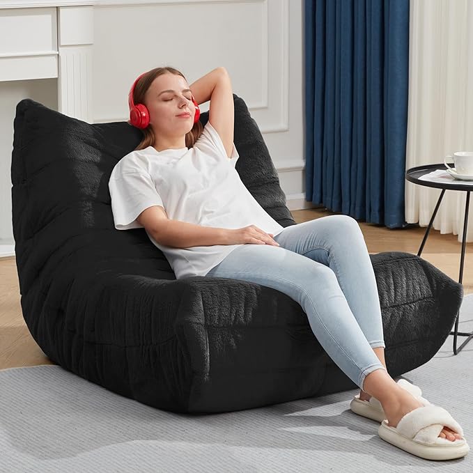 Bean Bag Chairs for Adults Giant Bean Bag Chair Memory Foam BeanBag Chair Bean Bag Sofa with Filler Faux Fur Fireside Beanbags Lazy Sofa for Living Room Bedroom Office (Black Plush Single)