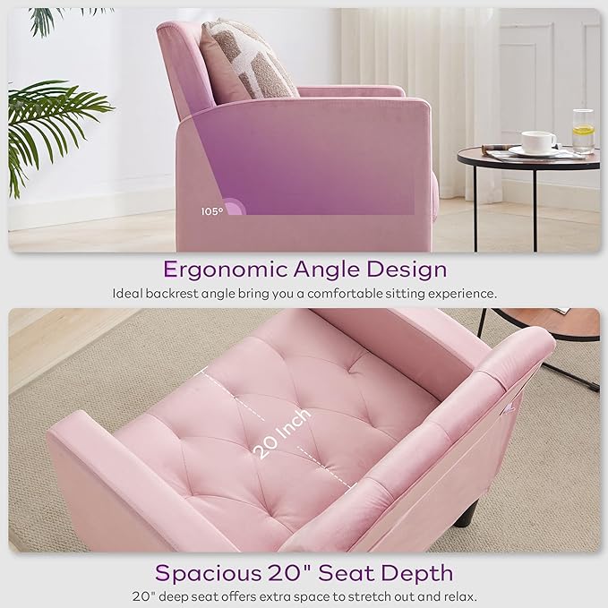 TYBOATLE Mid-Century Fabric Tufted Accent Living Room Armchairs Comfy Modern Upholstered Bedroom Office Armchair Single Sofa Reading Lounging Side Lounge Chair Living Room Furniture (Pink)