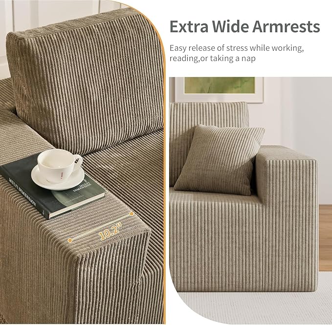 Boneless Cloud Sectional Couch for Living Room Compressed Modular L-Shaped Sofa with Deep Seat Frameless Corduroy Couch in Boxes No Assembly Required Grey Middle