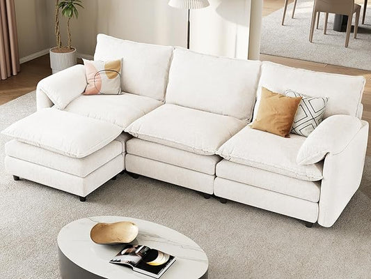DWVO 108 Modular Sectional Sofa Modern L Shaped Couch with Movable Ottoman Pillow-Armrest Velvet 4 Deep Seat Cloud Couch for Living Room Beige