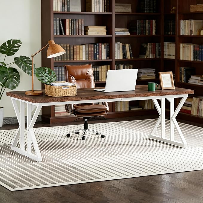 78 Inch Two Person Office Desk Extra Long Double Computer Desk Executive Office Desk Modern Writing Study Table Workstation for Home Office White Brown