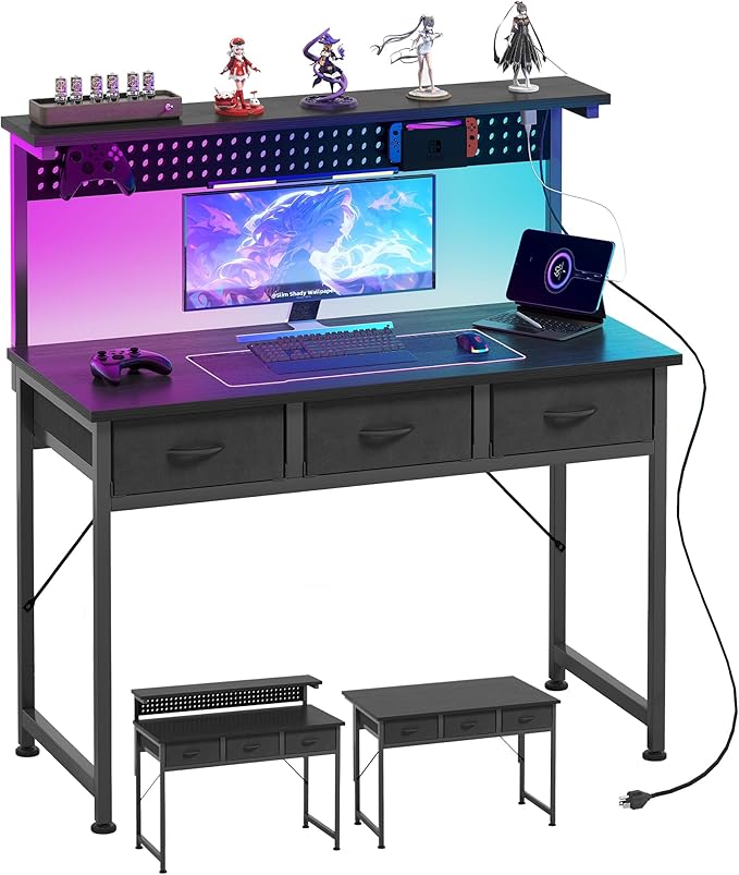 MUTUN Computer Desk with Drawers 40 Inch Computer Desk with Power Outlet &amp LED Light Gaming Desk with Adjustable Monitor Stand &amp Pegboard Modern PC Study Writing Table for Bedroom Black