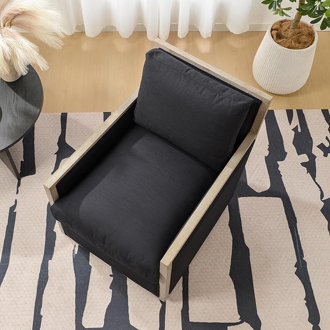 KINWELL 27 Wide Oak Wood Frame Performance Fabric Swivel Armchair No Assembly Down Fill Upholstered Swivel Barrel Chair with Removable Pillow Back for Living Room Bedroom (Black)