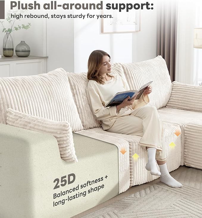 Tbfit Sectional Cloud Couch for Living Room Modular Sofa with Angled Armrest Comfy Boneless Sofa with Wide Seat &amp Deep Seat White