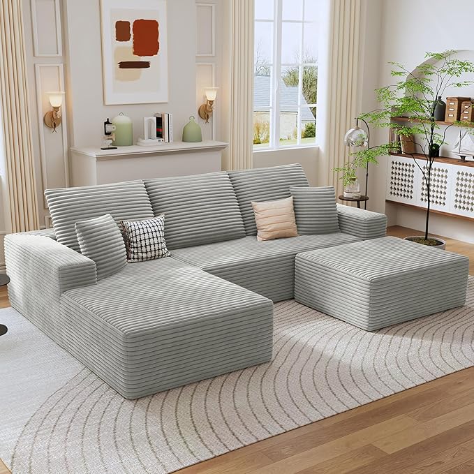 107 Cloud Sectional Couch with U-Shaped Chaise Corduroy Sectional Sofa with Ottoman Boneless Couch with Deep Seat in a Box for Living Room No Assembly Required (Grey Left Facing Chaise)