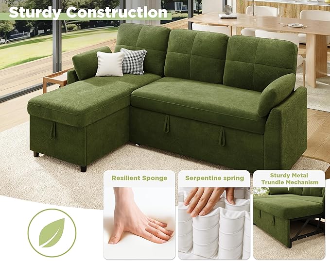 VanAcc Sleeper Sofa Sofa Bed with Storage Chaise Convertible Sofa Bed with Pull Out Couch l Shaped Couch for Living Room Linen Green