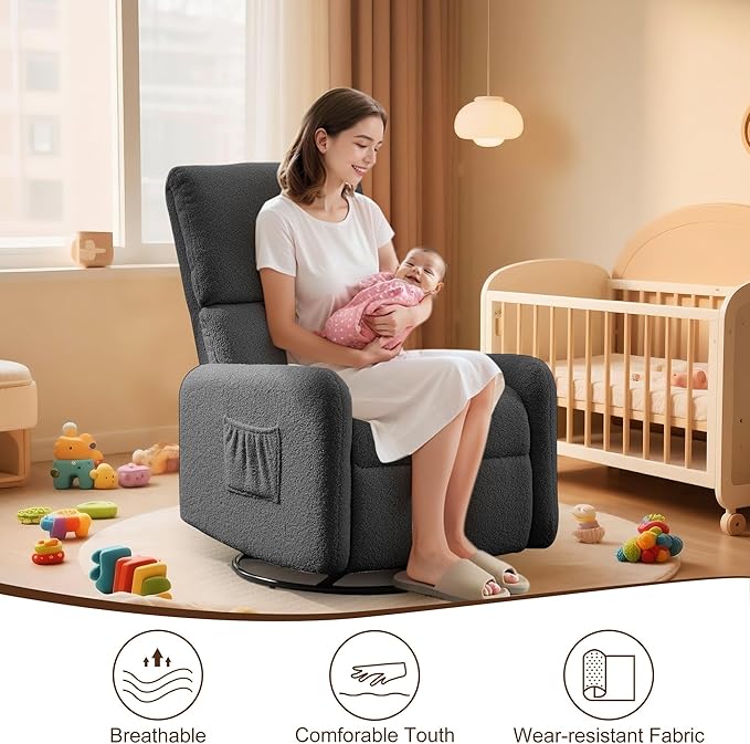 360° Rocking Chair Nursery Rocker Chair with Side Pockets Glider Nursing Chair with Steel Structure Base Small Chair for Small Spaces Sherpa Swivel Accent Chairs for Living Room Nursing