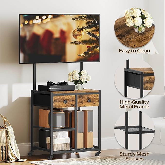 TV Stand with Mount Corner TV Stand with Wheels for TVs up to 50 Inches Rolling Entertainment Center Small TV Stands for Living Room Meeting Room Bedroom Rustic Brown DS08BR
