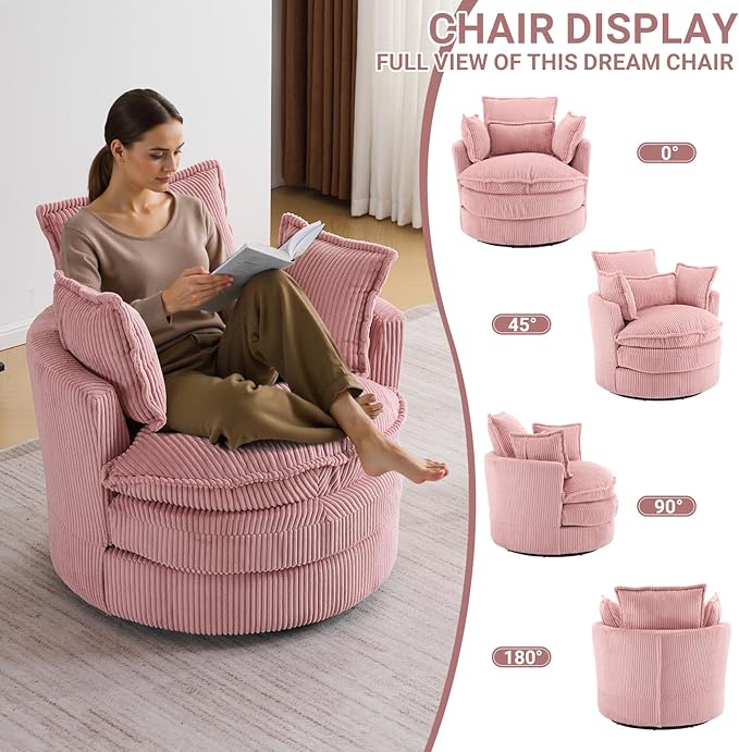 Karl home Swivel Barrel Chair-Corduroy360 Degree Modern Lounge Armchair ChairComfy Round Accent Single Sofa Chair with 3 Pillows for Living RoomBedroomLoungeHotelPink
