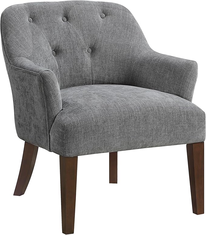 Lexicon Modern Accent Chair Textured Fabric Upholstered Arm Chair with Button Tufted Back Sloped Flared Arms and Wooden Legs for Living Room/Bedroom Charcoal