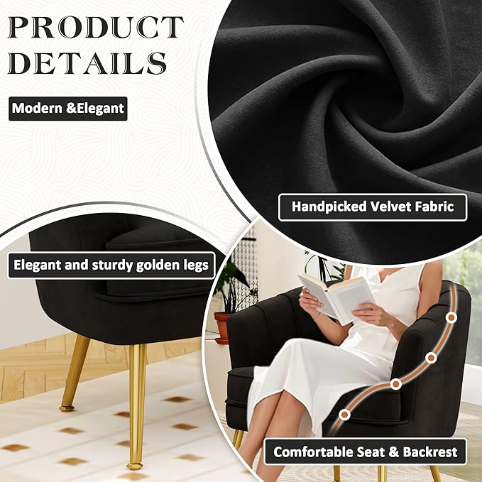 Andeworld Velvet Accent Chair Upholstered Modern Single Sofa Side ChairComfy Barrel Club Living Room Armchair with Golden Metal Legs for Bedroom Living Reading Room Office Black