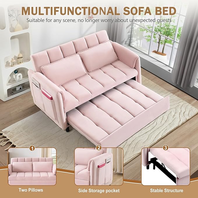 3 in 1 Convertible Sleeper Sofa Bed Modern Velvet Loveseat Pull-Out Couch Futon Love Seat Lounge Sofa with Pull-Out Bed &amp Adjustable Backrest and Side Pocket for Small Apartment Bedroom