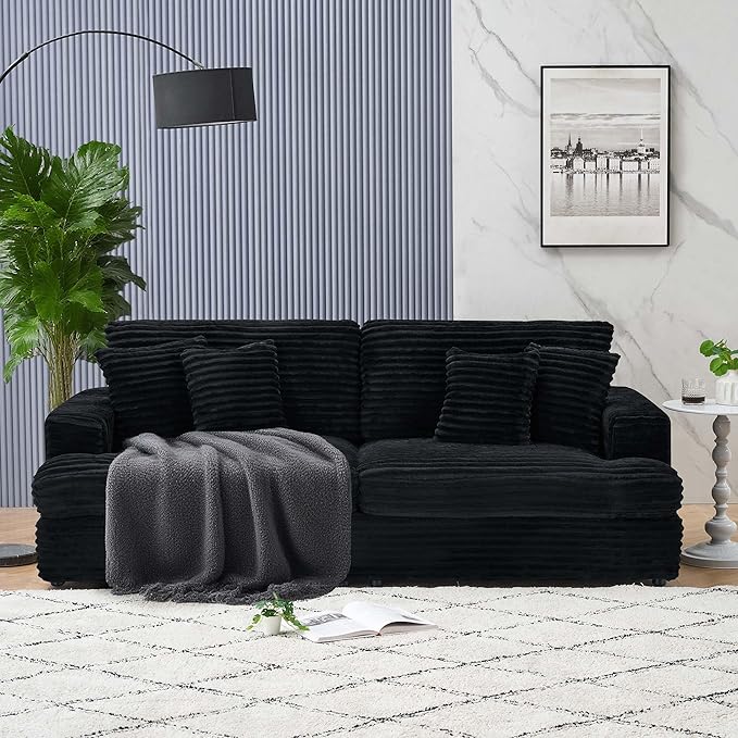 Modern Cloud Couch 3-Seater with 4 Matching Toss Pillows 88.58 Soft Corduroy Sofa with Deep Seat for Small Spaces Living Room Apartment (Black)