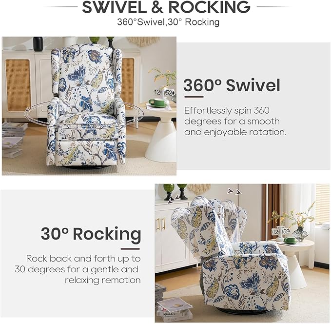 Swivel Rocker ReclinerWingback Recliner ChairFloral Accent Chair Fabric Chair with High BackPadded Seat for Living RoomBedroom Home Office (Blue)
