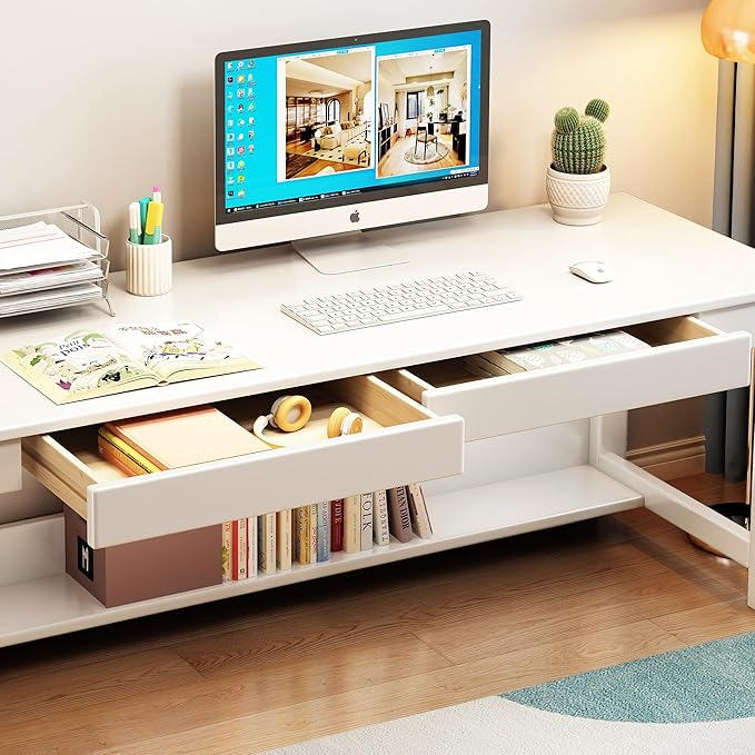 63’’ Extra Long Desk Wooden Computer Desk with 2 Drawers and Storage Bookshelf Writing Table for Office with Chair (White)