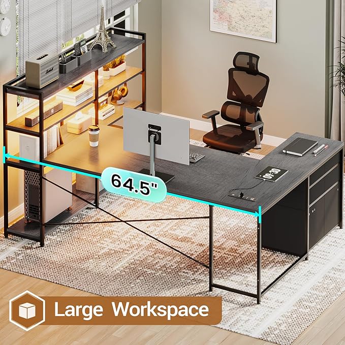 SEDETA Corner Computer Desk Reversible U Shaped Office Desk with 3 Fabric Drawers and Power Outlet Corner Gaming Desk with LED Lights Storage Shelves Grey