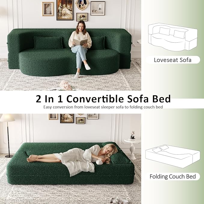 Convertible Folding Foam Sofa Bed15 Full Size Floor Sleeper Couch Futon Loveseat Sofa for Living Room Bedroom No Assembly Required (Green)