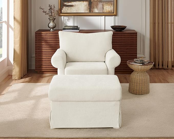 Modern Accent Chairs with Ottoman Set Comfy Chenille Reading Armchair with Rolled Arms and Cushion Backrest 35.8 W Single Living Room Chairs for Bedroom Study Apartment Beige