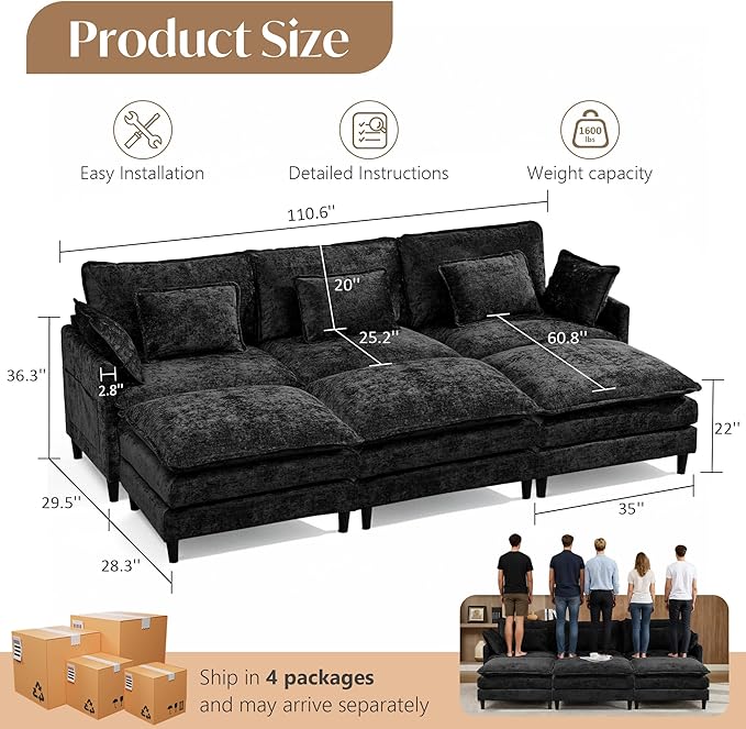 SAMERY 111 U Shaped Couch Cloud Sofa Modular Sectional Couch with 3 Large Ottomans Black 3 Seater Chenille Oversized Deep Seat Sectional Sofa with Pillows for Living Room Bedroom Apartment