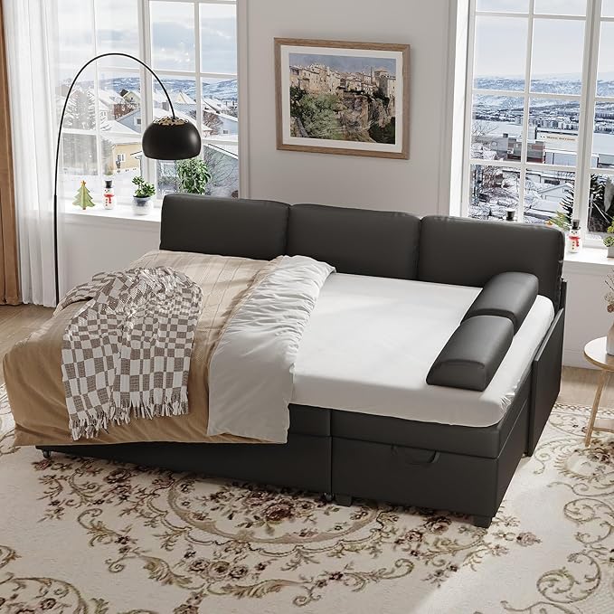 80 inch Convertible Sectional Sofa L-Shaped Sofa Sleeper with Reversible Chaise Faux Leather Couch Bed with StorageRemovable ArmrestModern Pull Out Bed for Living Room BedroomBlack