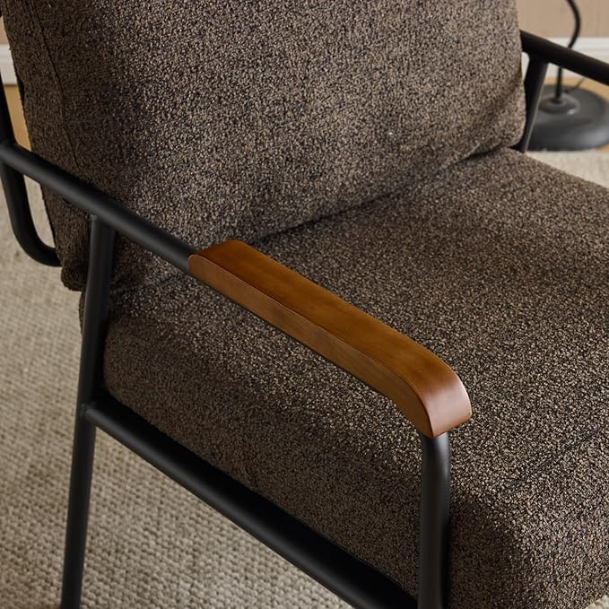 Karl home Accent Chair Modern Armchair with Metal Frame Linen Fabric Upholstory Living Room Chair Mid-Century Reading Chair with Wooden Arms for Living Room Bedroom Reading Room Apartment Brown
