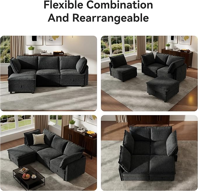 Ihanherry 97.2” Modular Sectional Sofa with Storage L Shaped Couch for Living Room 4-Seat Comfy Chenille Deep Seat Sofa with Movable Ottoman for Bedroom and Apartment Dark Gray