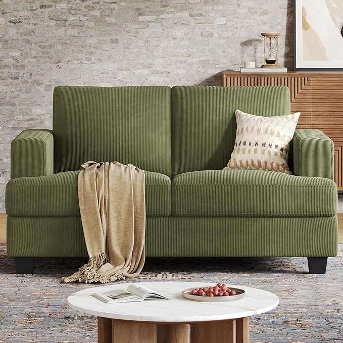 63 Inch Sofa with Extra Deep Seats Oversize Corduroy Fabric 2 Seater Sofa for Living RoomModern Couch and Loveseat Comfy Armrests and Seats and Backrests Easy Installation Green