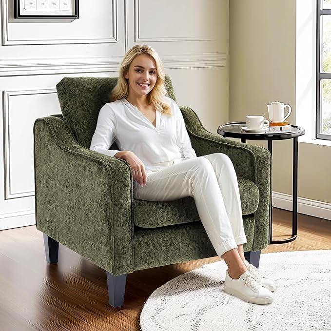 FLEXISPOT AC2 Mid Century Modern Accent Chair Chenille Upholstered Armchair with Padded Back &amp Removable Cover Comfy Reading Chair for Bedroom Living Room Chairs for Adults Small Spaces (Green