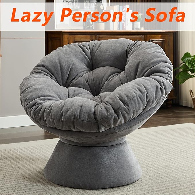 Modern Oversized Chenille Papasan Chair 360° Swivel Chair with Thick Cushion Comfortable Lounge Accent Chair for Living Room Bedroom Reading Nook (Dark Grey)