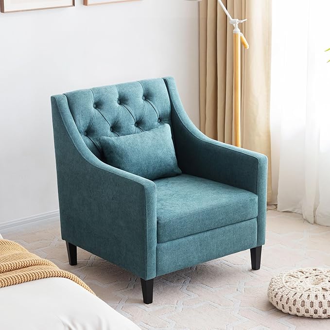 Living Room Chairs Accent Armchair with Lumbar Pillow Elegant Bedroom Reading Chair Mid Century Design Upholstered Sofa Chair Teal
