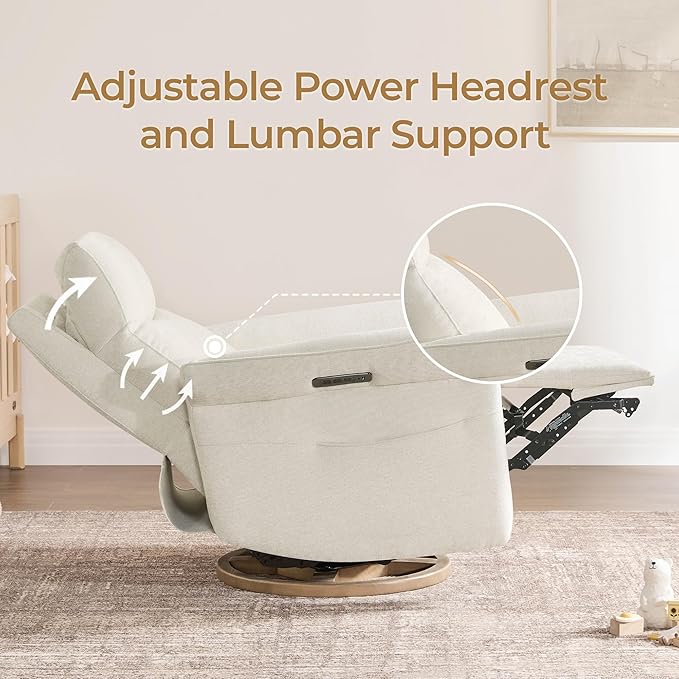 CHITA Power Recliner Chair Electric Triple-Motor Swivel Glider Nursery Rocking Chair with Adjustable Power Headrest and Lumbar Support GREENGARD Gold Certified Solid Wood Base Linen