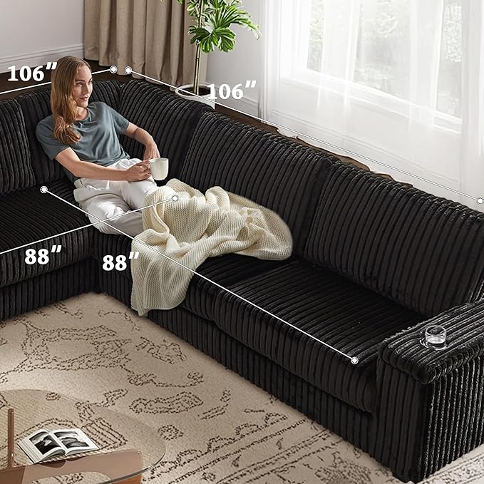 Black Sectional Couches for Living Room Oversized Corduroy Couch Large L-Shaped Corner Couch with Storage Armrests USB Charging &amp Cup Holder 5 Seater Modular Sectional Sofa (Black)