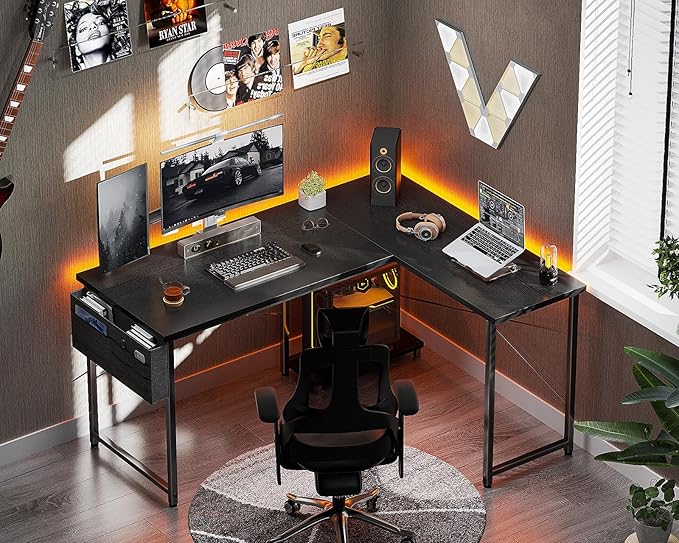AODK L Shaped Desk 50 Inch Computer Desk with Storage Bag Reversible Home Office Desk with Host Stand Black Corner Table for Bedroom Studio Modern Wood PC Desk for Study Work