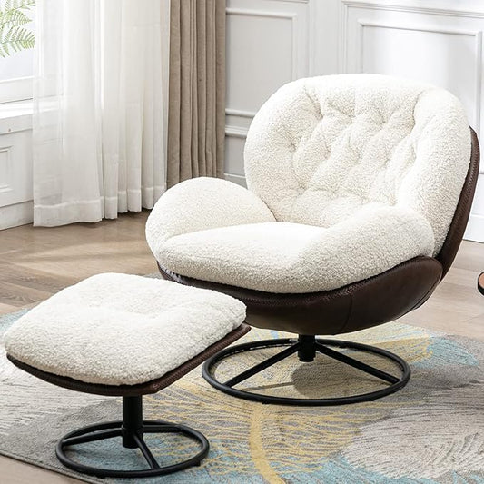 Modern Accent Chair with Ottoman Fluffy Faux Fur Upholstered Swivel Lounge Chair with footrest Comfy Tufted Armchair with Metal Heavy Duty Base for Living Room Bedroom Reading Chair White