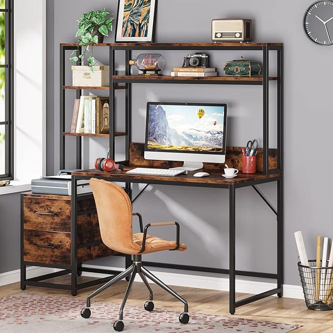LITTLE TREE Computer Desk with Drawers and Hutch Rustic Office Desk with Storage Shelves for Home Office