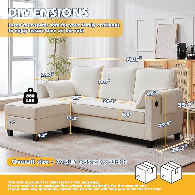 Grepatio Sectional Sofa Couch 80 L Shaped Convertible Sofa with 2 Pockets &amp USB Ports 3-Seater Comfy Cloud Modular Couches with Movable Storage Ottom for Living Room Apartment Small Space (Be