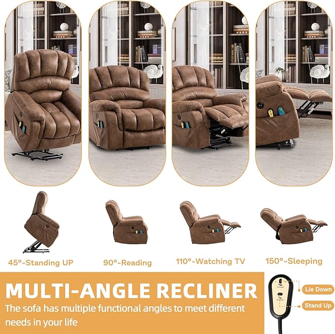 Large Electric Power Lift Chairs Recliners for Elderly Big Man with Massage and Heat Oversized Wide Reclining Chairs for Living Room with 2 Remote Controls/USB Ports/Side Pockets(Brown)