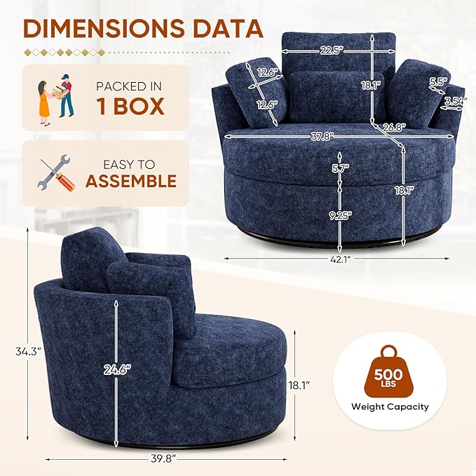 Oversized Swivel Accent Barrel Chair Set of 2 Chenille Upholstered Comfy Round Swivel Chair with Pillows 360 Degree Modern Lounge Reading Sofa Armchair for Nursery Living Room Bedroom(Navy Blue)
