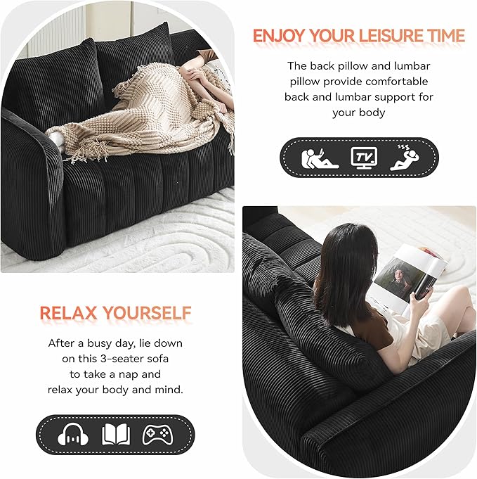 83'' Boneless Corduroy Sofa Oversized 3 Seater Deep Seat Couch with Rounded Armrest Modern Upholstered Cloud Sofa for Living Room No Assembly Black