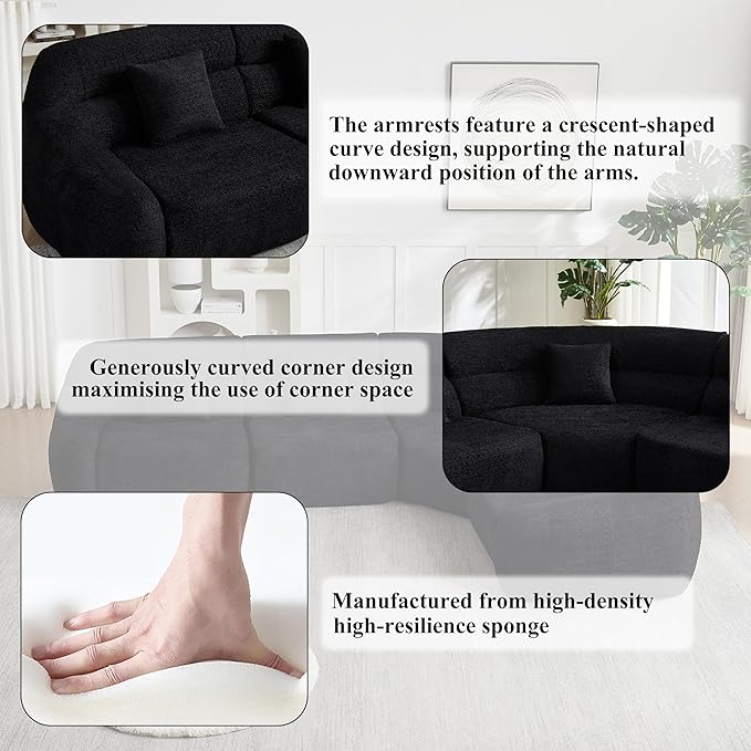 123 Oversized Boneless Chenille Curved Corner Sectional Sofa Modern Luxury 4 Pillows Modular Cloud 4-Seater Sofa High-Back Couch for Living Room (Black)