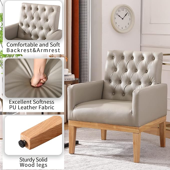 PU Leather Accent Chair Upholstered Lounge Single Sofa Armchair Comfortable Armchair with Wooden Legs in Log Color Modern Button Reading Chair for Bedroom Living Room Off-White