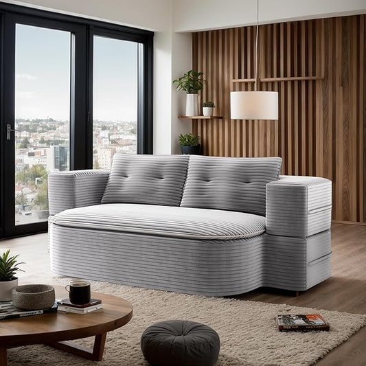 78.7 Folding Futon Corduroy Sleeper Sofa Bed Convertible Floor Boneless Sofa Full Size Compression Loveseat with 2 Pillows No Assembly 2-in-1 Foldable Couch for Living Room (Light Gray)