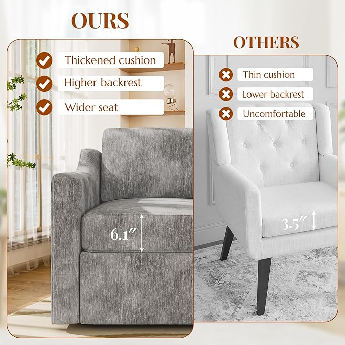 360° Swivel Accent Chair Large Comfy Reading Chairs Accent Square Single-seat Armchair Upholstered Sofa for Reading Nursery Living Room Bedroom Hotel Lounge Grey