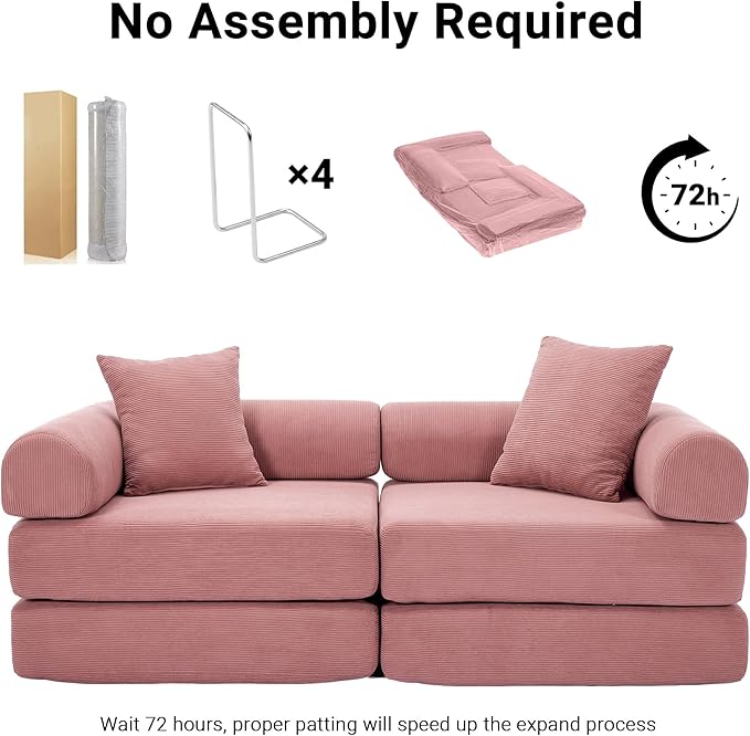 73 Convertible Sleeper Sofa Bed Corduroy Boneless Couch in a Box 4-in-1 Folding Mattress Loveseat Couch Comfy Modular Foldable Floor Sleeper Sofa with 2 Pillows and Fixed-Shape Frame (Pink 73)