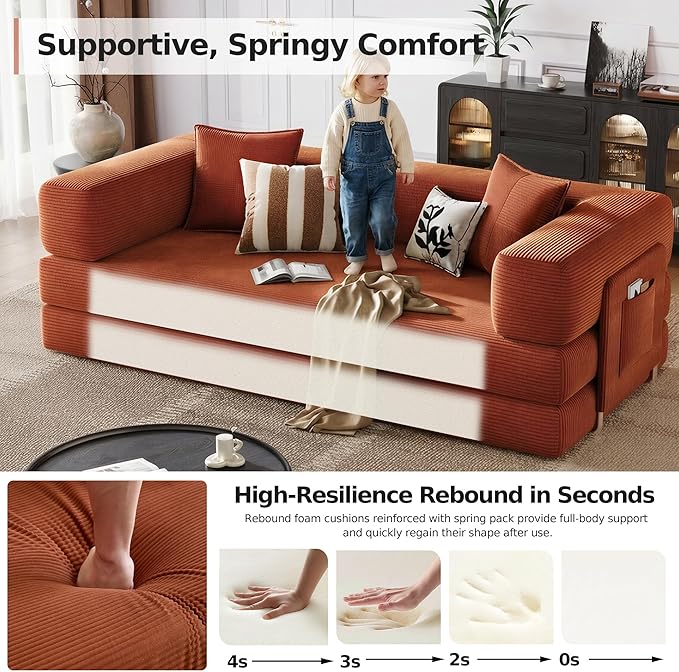 78.8'' Boneless Sleeper Sofa BedConvertible Futon Couch with Storage Pocket and 2 PillowsModular Corduroy Sofa for livingroomSmall speaceOrange