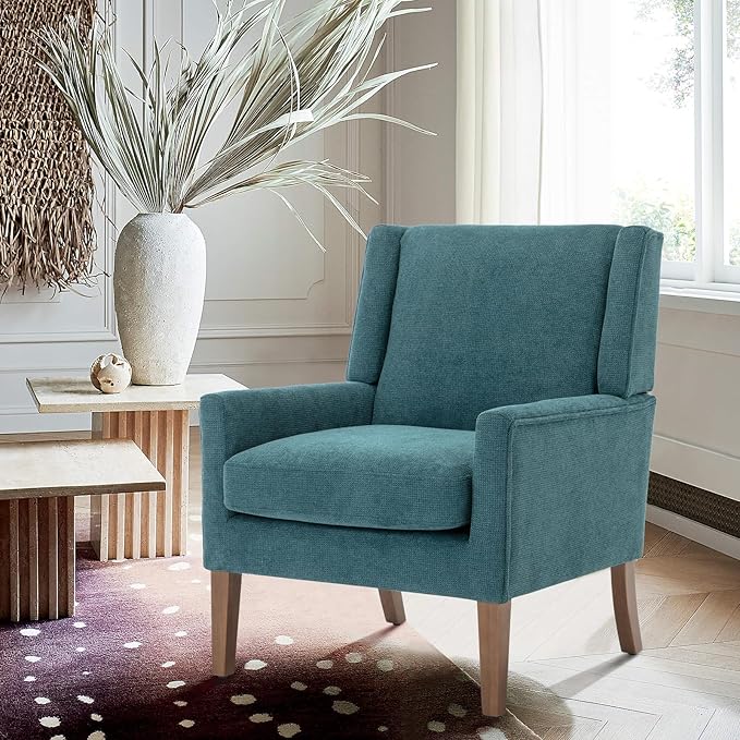 COLAMY Modern Wingback Living Room Chair Upholstered Fabric Accent Armchair Single Sofa Chair with Lounge Seat and Wood Legs for Bedroom/Office/Reading Spaces Teal