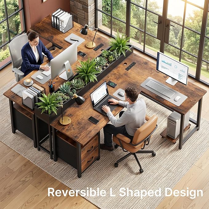 Gizoon 66 Inch L Shaped Desk with Drawers Reversible Corner Computer Desk with Power Outlets Home Office Desk with Moveable CPU Stand Large Gaming Desk Rustic Brown