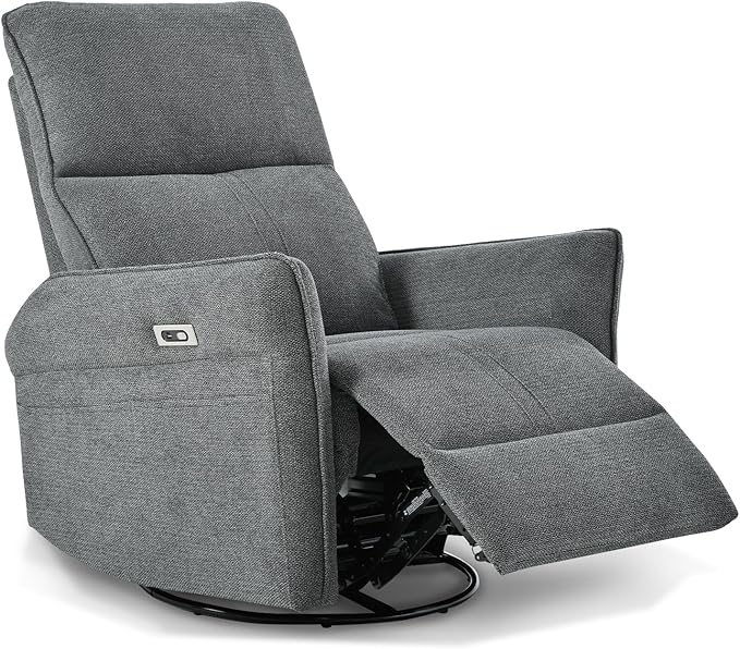 cinkehome Power Swivel Rocker Recliner with USB Overstuffed Electric Reclining Chair Snowflake Fleece Rocker Recliner for Nursery Living Room Bedroom