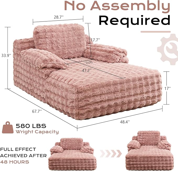 Oversized Lounge Chair Plush Faux Fur Comfy Reading Chair Boneless Chaise Sofa Recliner Bed Sleeper Couch with Wide Pillow Armrest for Living Room Bedroom (Pink)
