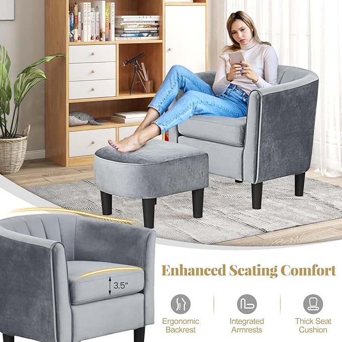GOFLAME Accent Chair with Ottoman Modern Velvet Fabric Barrel Chair with Footrest Curved Backrest Removable Seat Cushion Upholstered Club Tub Sofa Reading Armchair for Living Room Bedroom Gray